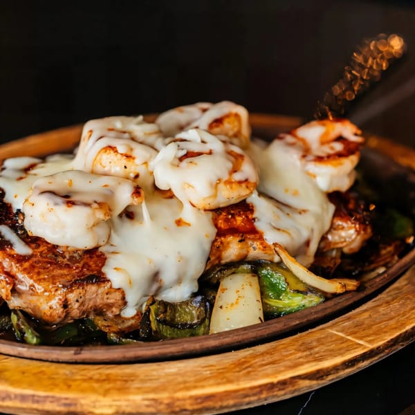 Grilled steak and shrimp covered in melted white cheese, served with peppers and onions on a wooden platter.